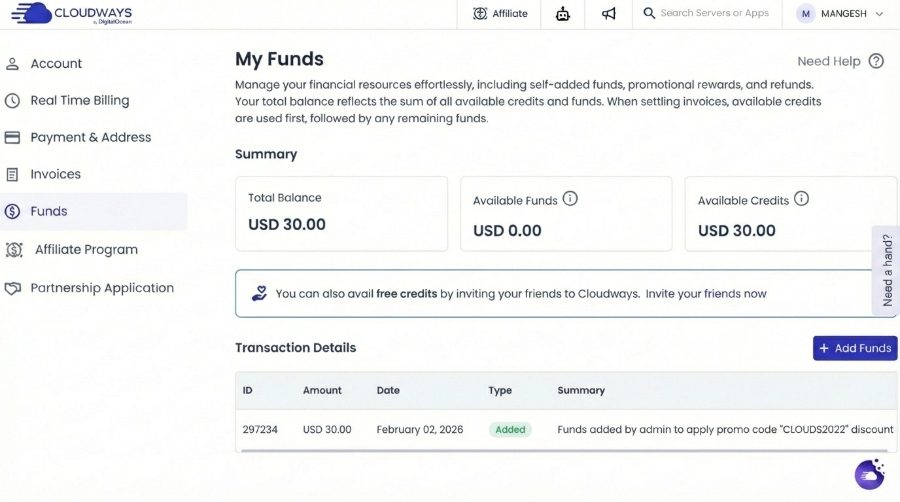 Cloudways dashboard showing verified $30 credit balance