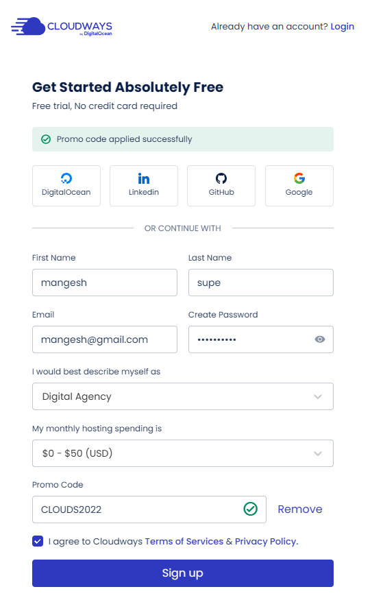 Cloudways promo code CLOUDS2022 applied successfully with green checkmark