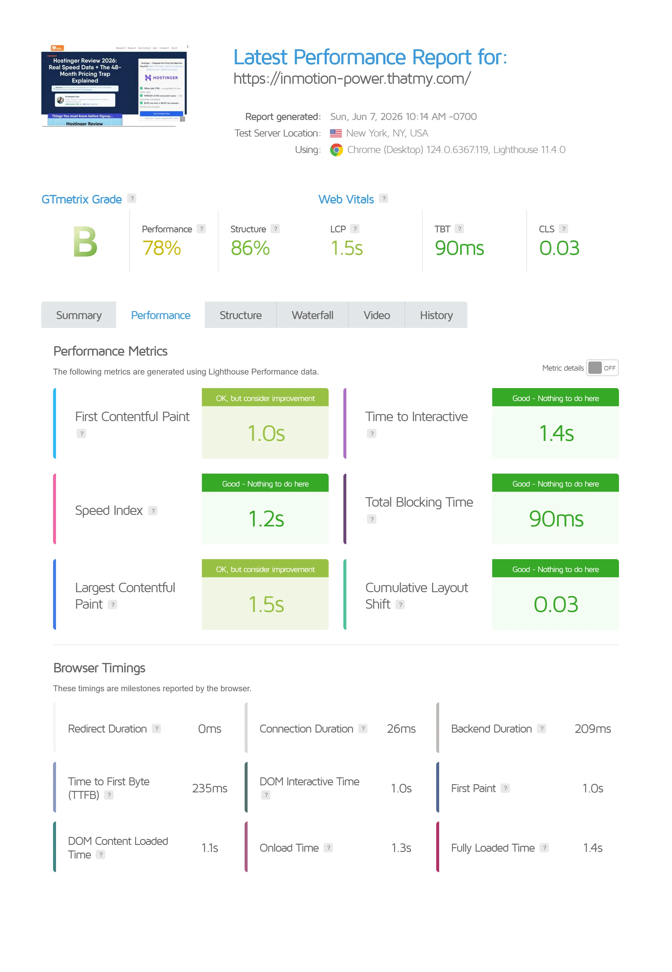 InMotion shared speed test capture for the Power plan (our test)