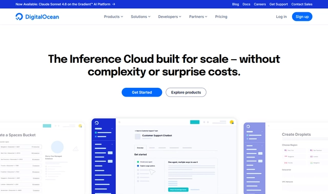 DigitalOcean cloud platform homepage with Droplets and App Platform