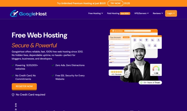 GoogieHost free hosting with genuine cPanel and free SSL on a 1GB NVMe plan