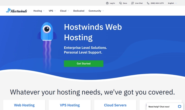 Hostwinds VPS hosting homepage with managed and unmanaged plans